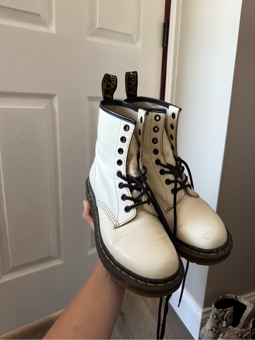 Dr. Martens White Leather Lace-Up Combat Boots with Black Laces